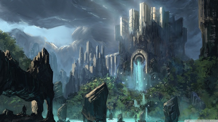 Fantasy castle with waterfalls and mountains