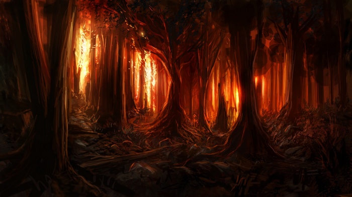Digital art painting of a burning forest with trees