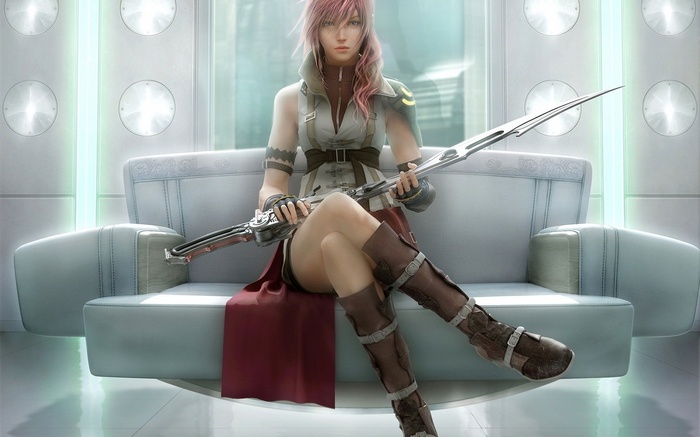 Lightning Farron with a gunblade on a couch