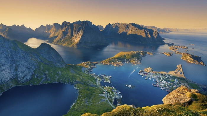 Aerial view of villages and mountains in Lofoten Islands, Norway