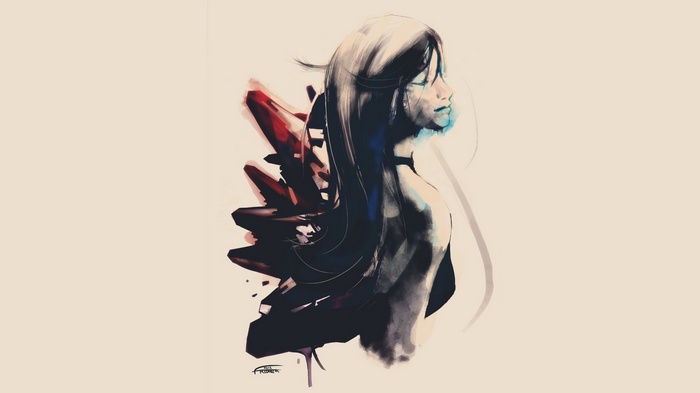 Artwork of a woman with dark hair and red crystals