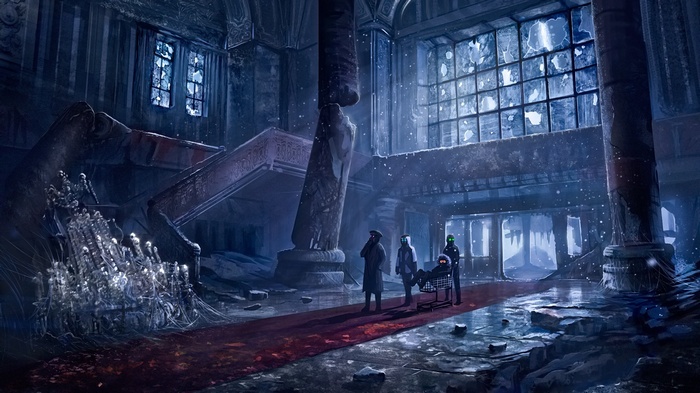 Apocalyptic scene in a ruined grand hall