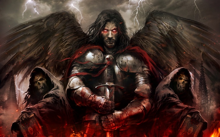 Fantasy angel warrior with glowing eyes and scythes