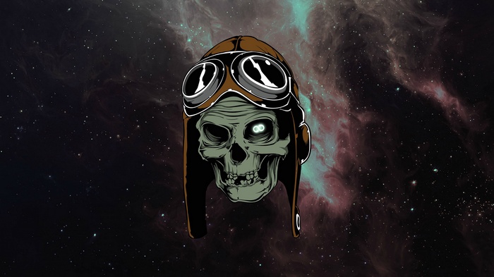 Skull wearing aviator helmet in space