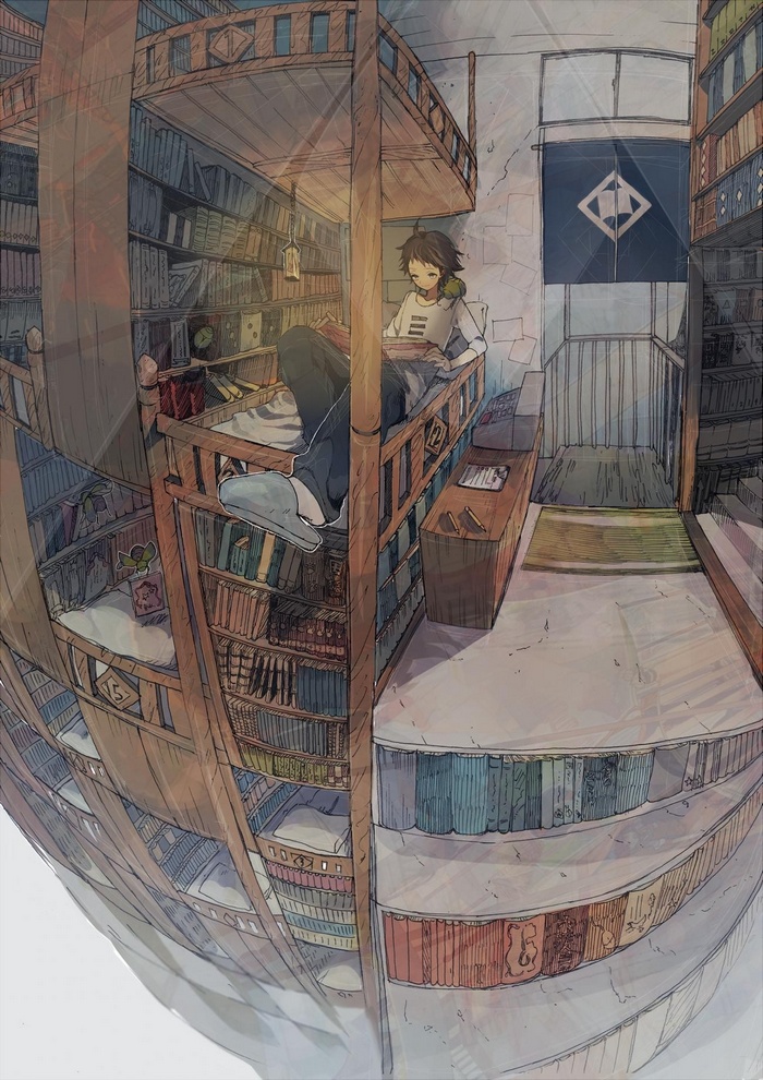 Anime boy reading in a multi-level library