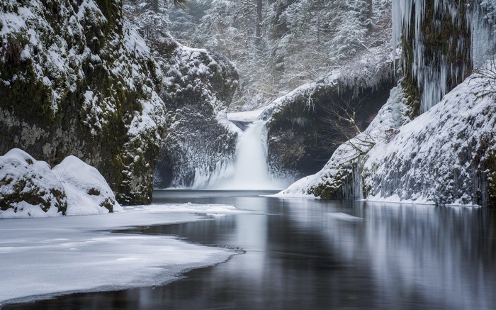 Snowy waterfall in a winter forest with ice formations