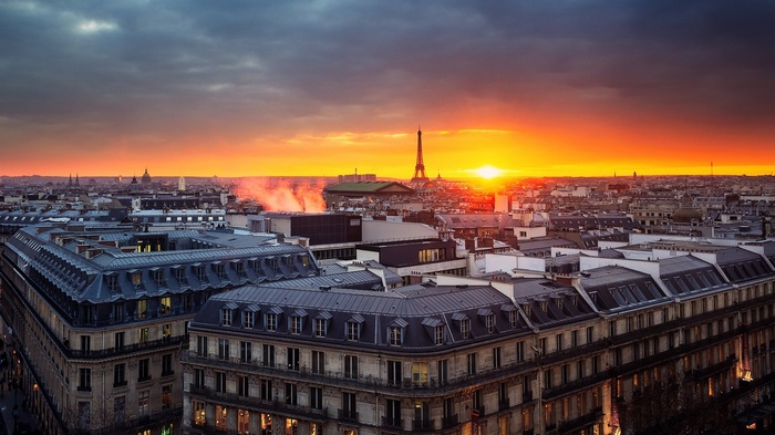 Parisian rooftops at sunset with Eiffel Tower