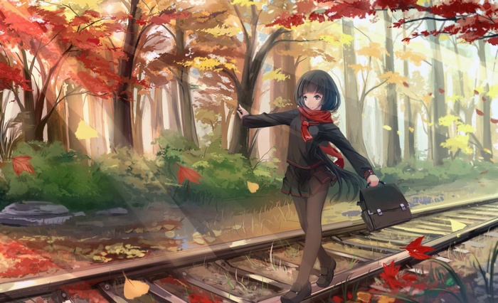 Anime girl with scarf walking on railway in autumn forest