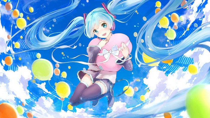 Hatsune Miku holding a heart-shaped gift surrounded by balloons