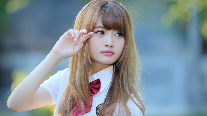 women outdoors, looking away, depth of field, nature, face, model, Asian, makeup, bangs, long hair, school uniform, shirt, blonde, portrait
