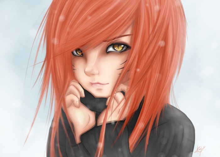 Anime girl with red hair and yellow eyes