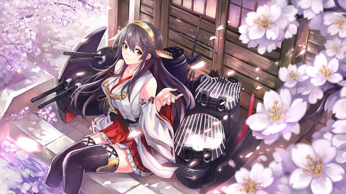 Haruna (Kantai Collection) in Miko Outfit with Cherry Blossoms