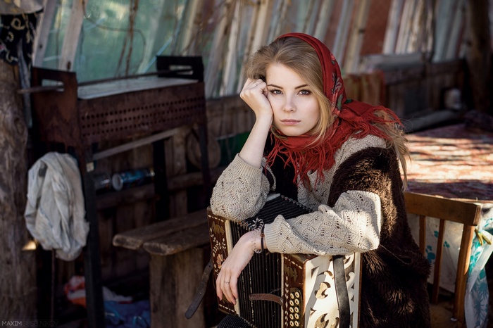 Woman with Accordion and Red Scarf