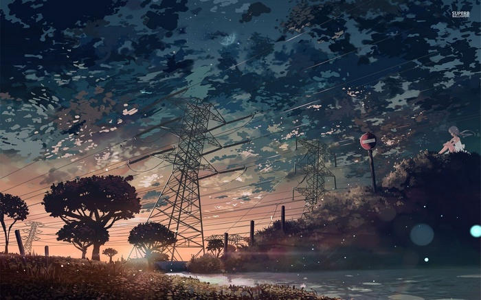 Anime girl sitting near power lines at sunset