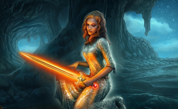 Fantasy woman with glowing sword in cave