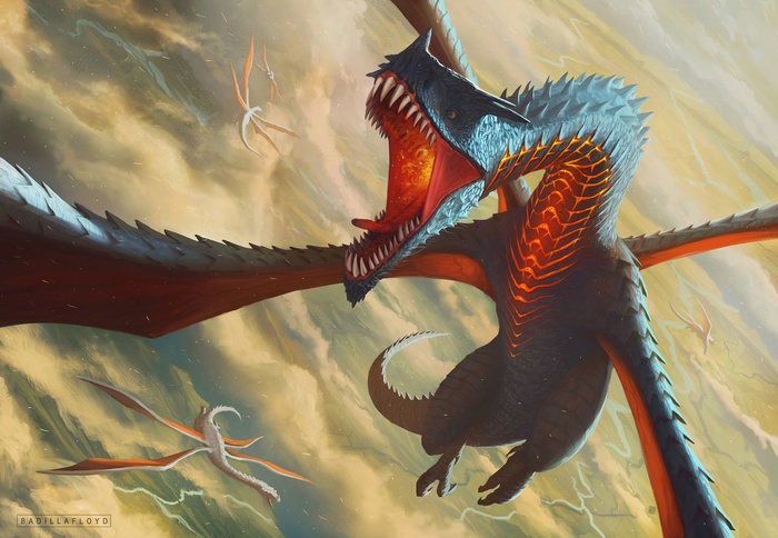 Dragon roaring in a cloudy sky with smaller creatures
