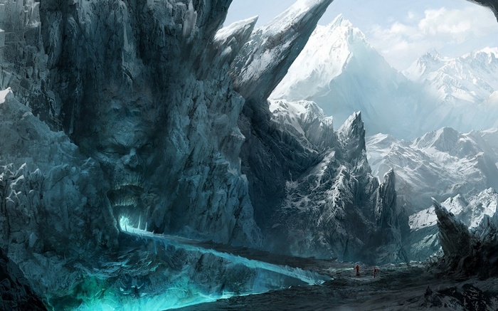 Fantasy ice cave with a face carved into the rock
