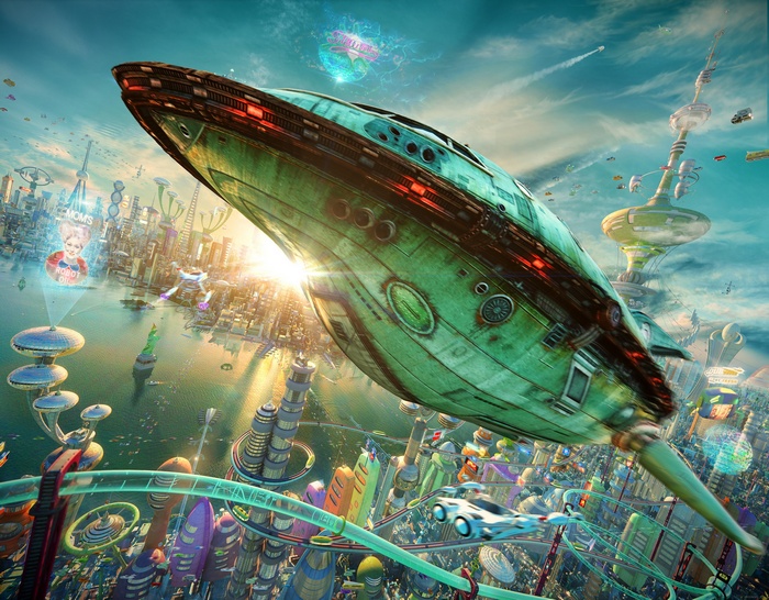 spaceship, realistic, planet express, Futurama, city, rocket, futuristic, 3D