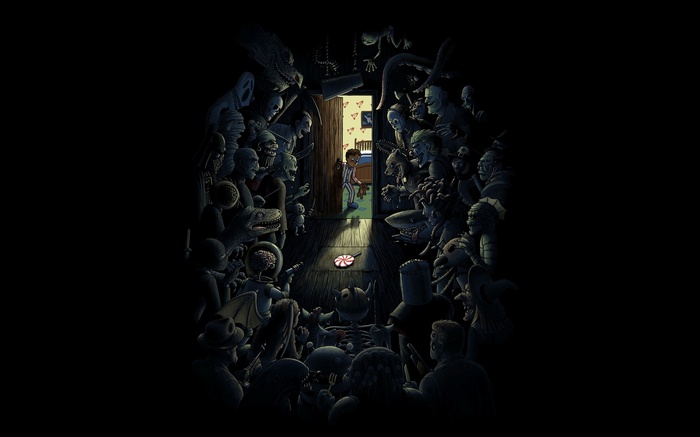 Monsters surround a child in a doorway