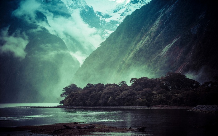 nature, New Zealand, Milford Sound, mountains, rain, landscape, clouds, snowy peak, mist, trees, morning, fjord