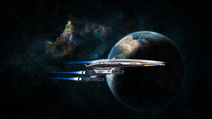 Normandy SR-2 spaceship flying near a planet