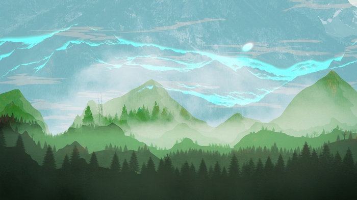 Misty green mountains with glowing blue sky