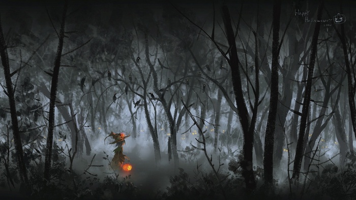 Halloween forest with a scarecrow and pumpkins