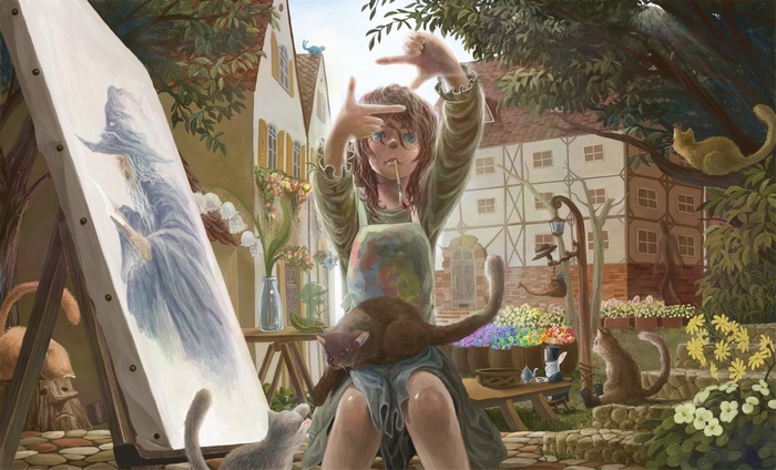 Girl painting Gandalf with cats in a village