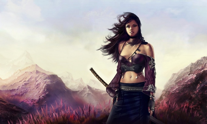 Fantasy art of a woman with a katana