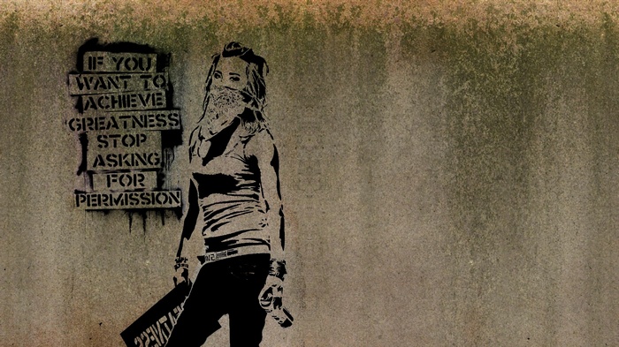 Banksy graffiti: Woman with scarf and inspirational quote