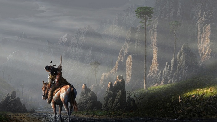Native American clothing, birds, arrows, animals, artwork, mountains, feathers, stream, men, sun rays, trees, nature, Native Americans, horse, rock, warrior, painting, bow