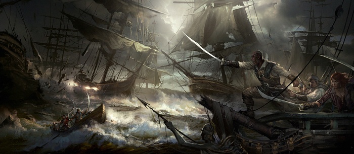 Pirate ships in a stormy ocean battle