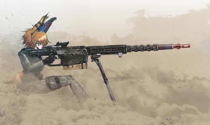 Anime girl with a large sniper rifle in a desert