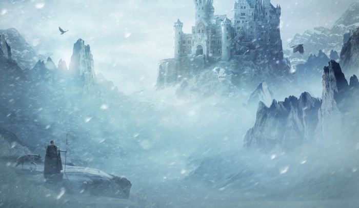 Fantasy castle in a snowy mountain landscape with a man and wolf