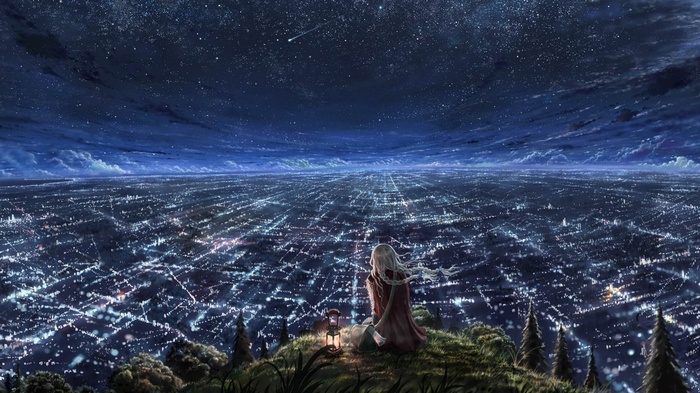Girl and lantern overlooking a city at night