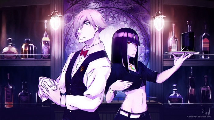 Death Parade anime characters at a bar