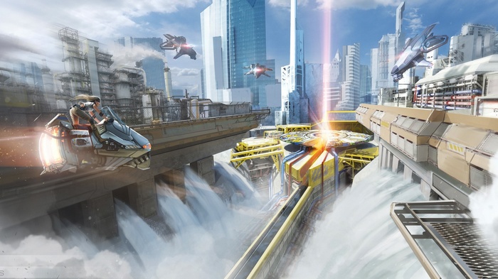 Futuristic city with flying vehicles and a woman on a hoverbike