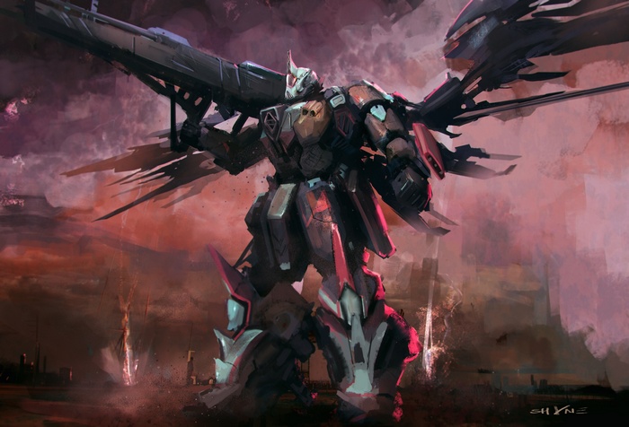 A science fiction mech with large wings and a cannon