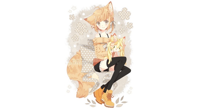 Anime girl with fox ears and tail holding a plush toy