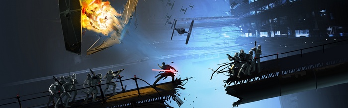 Star Wars: The Force Unleashed artwork with TIE Fighters and Stormtroopers