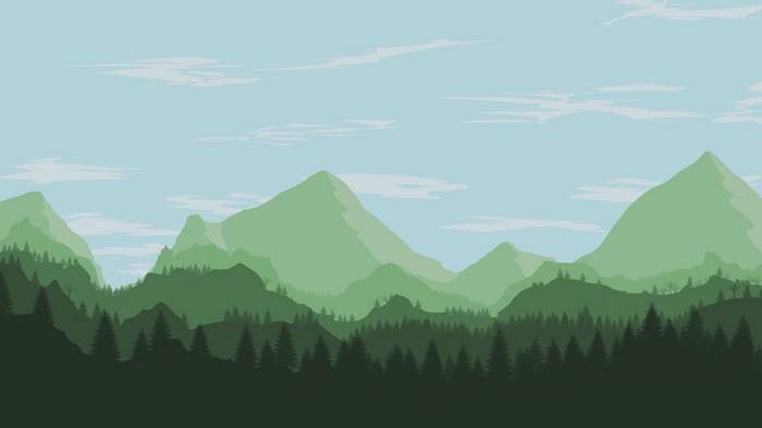 Green mountains landscape with pine trees and clouds