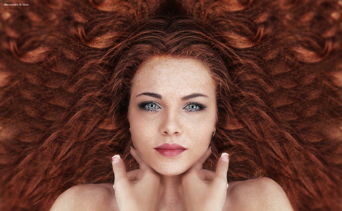 face, blue eyes, model, Alessandro Di Cicco, portrait, looking at viewer, women, wavy hair, bare shoulders, hands, redhead, eyes, freckles