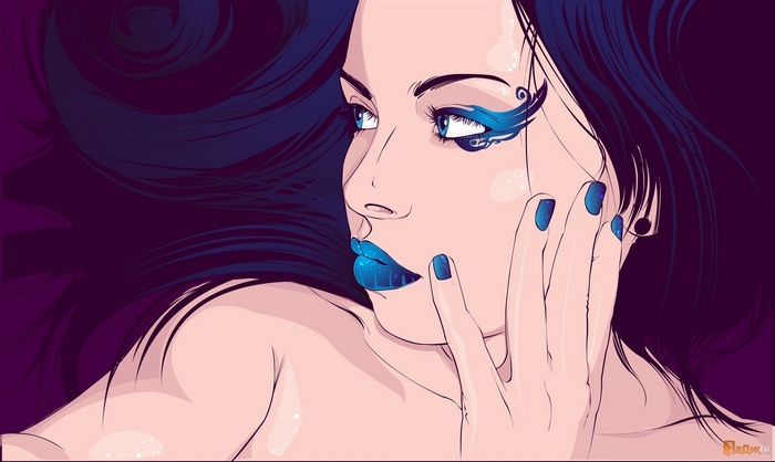 Artwork of a woman with blue makeup and lipstick