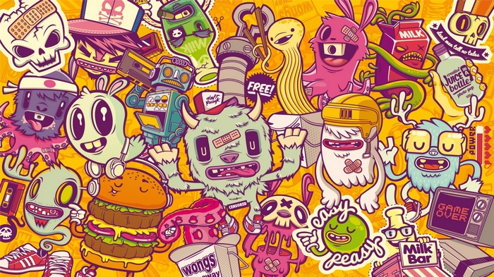 Daft Punk monsters and characters on yellow background