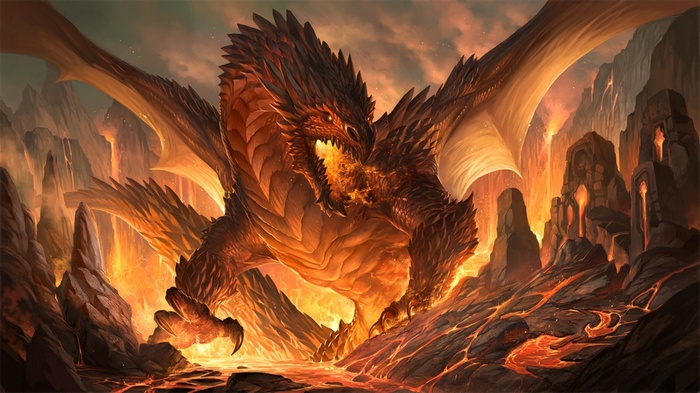 A fearsome dragon breathes fire in a volcanic landscape