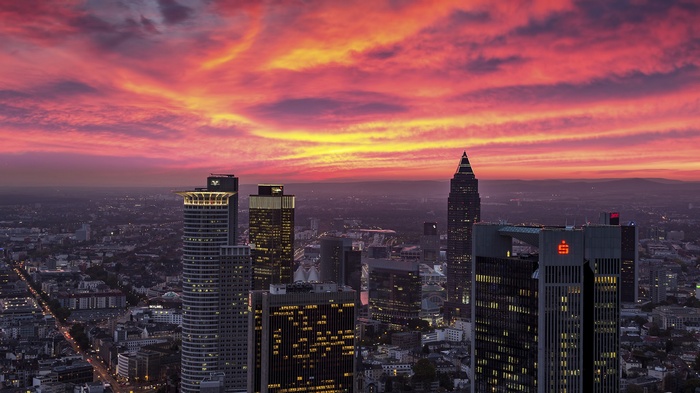 City skyline with skyscrapers at sunset