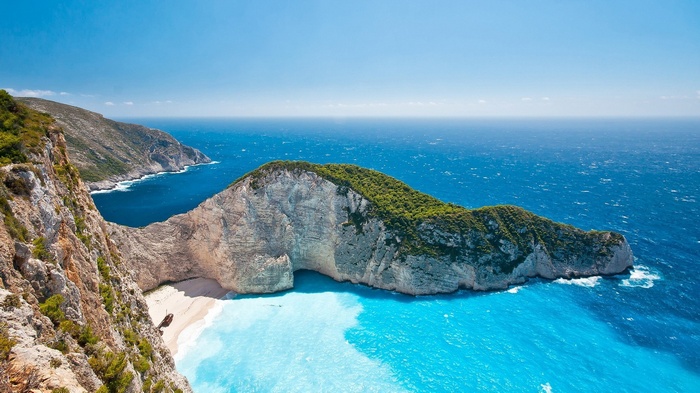 Navagio Beach, Zakynthos, Greece, with turquoise waters and cliffs