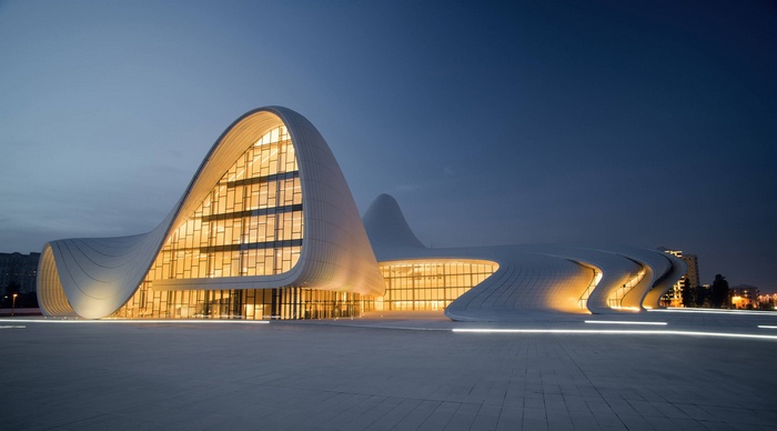tiles, evening, lights, building, architecture, Baku, landscape, Azerbaijan, clear sky, concert hall, town square, modern