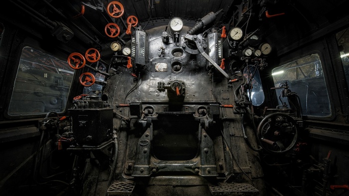 Interior of a vintage steam locomotive cab