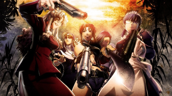Black Lagoon characters Revy, Rock, Dutch, and others with guns